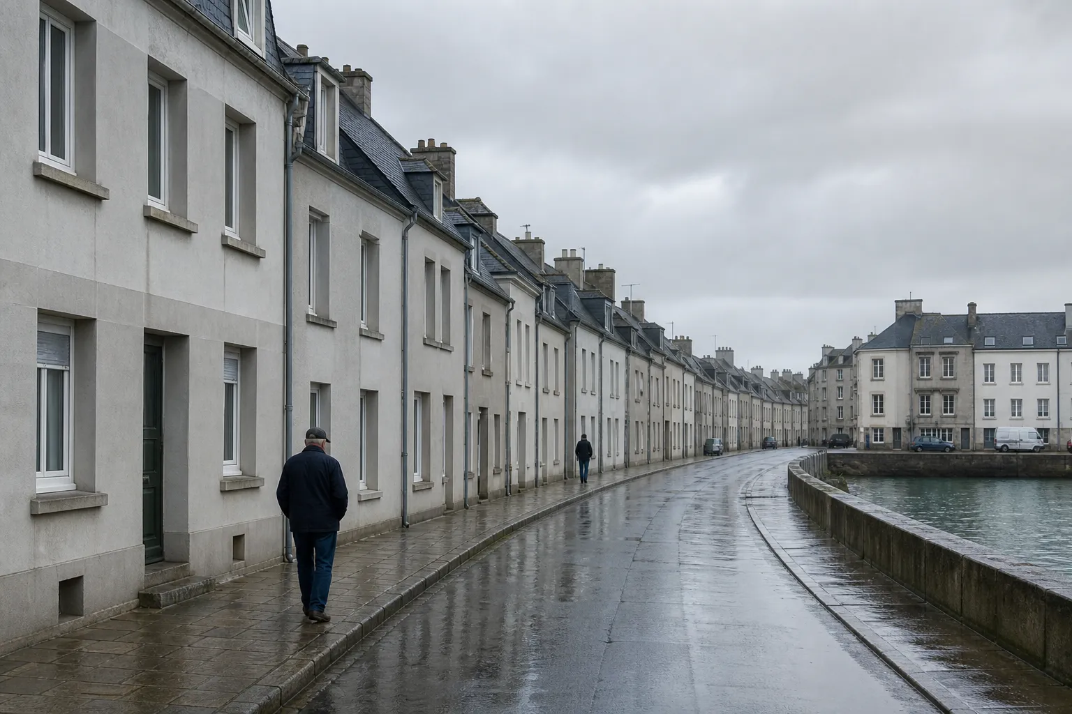 Rue de logements de la Reconstruction : façades enduites claires alignées et toitures en ardoise