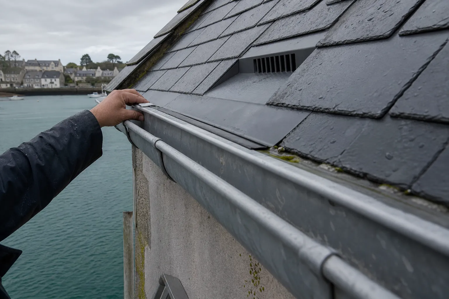 Égout d’une toiture en ardoise : premier rang, chatière de ventilation, larmier et gouttière en zinc
