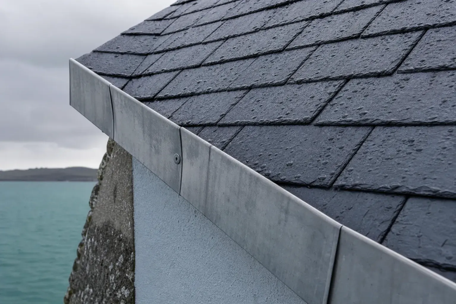 Rive de toiture : dernier rang d’ardoises arrêté contre une bande de rive en zinc pliée