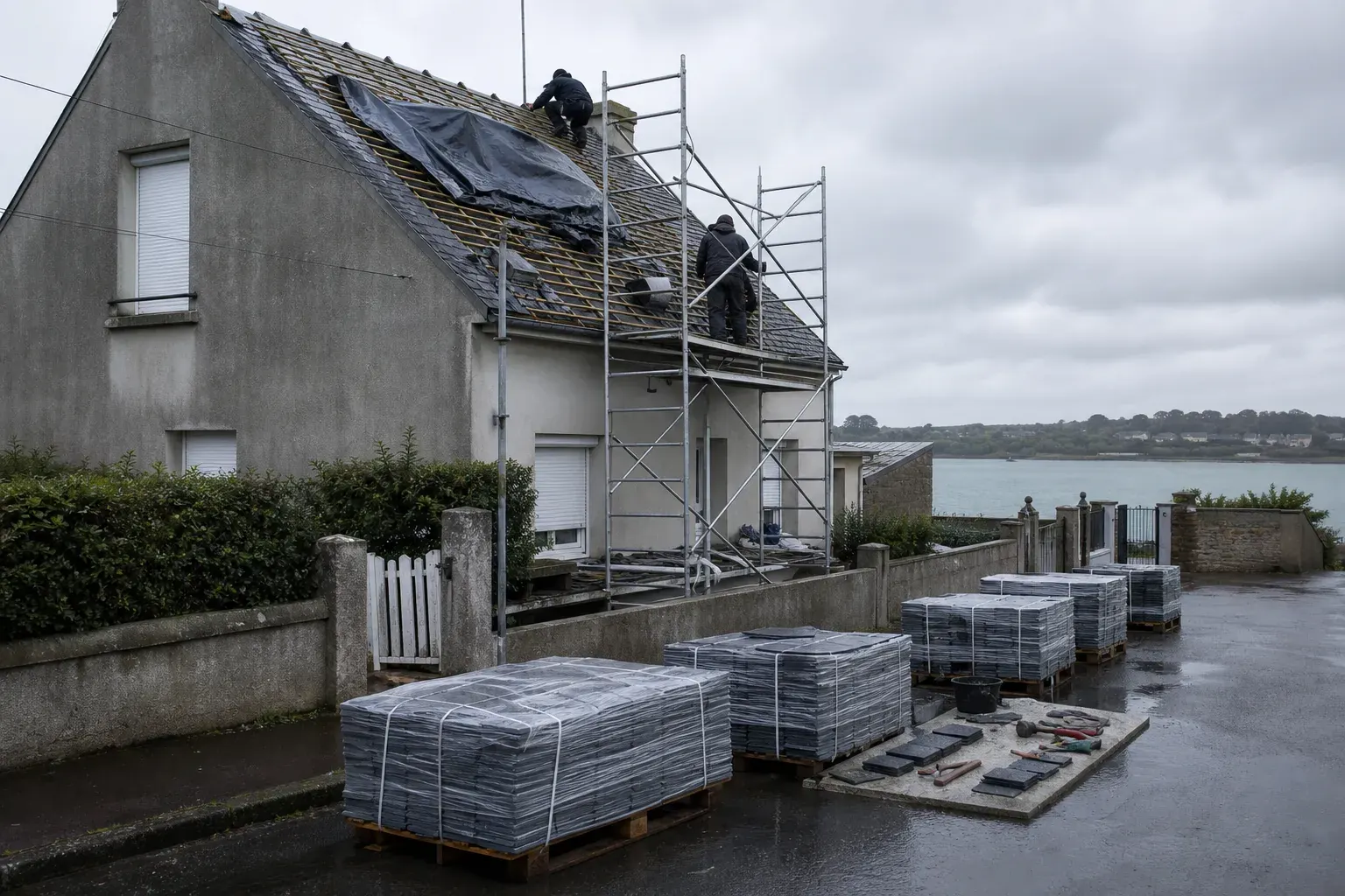 Échafaudage monté contre le pignon d’une maison, palettes d’ardoises sur le trottoir et bâche repliée