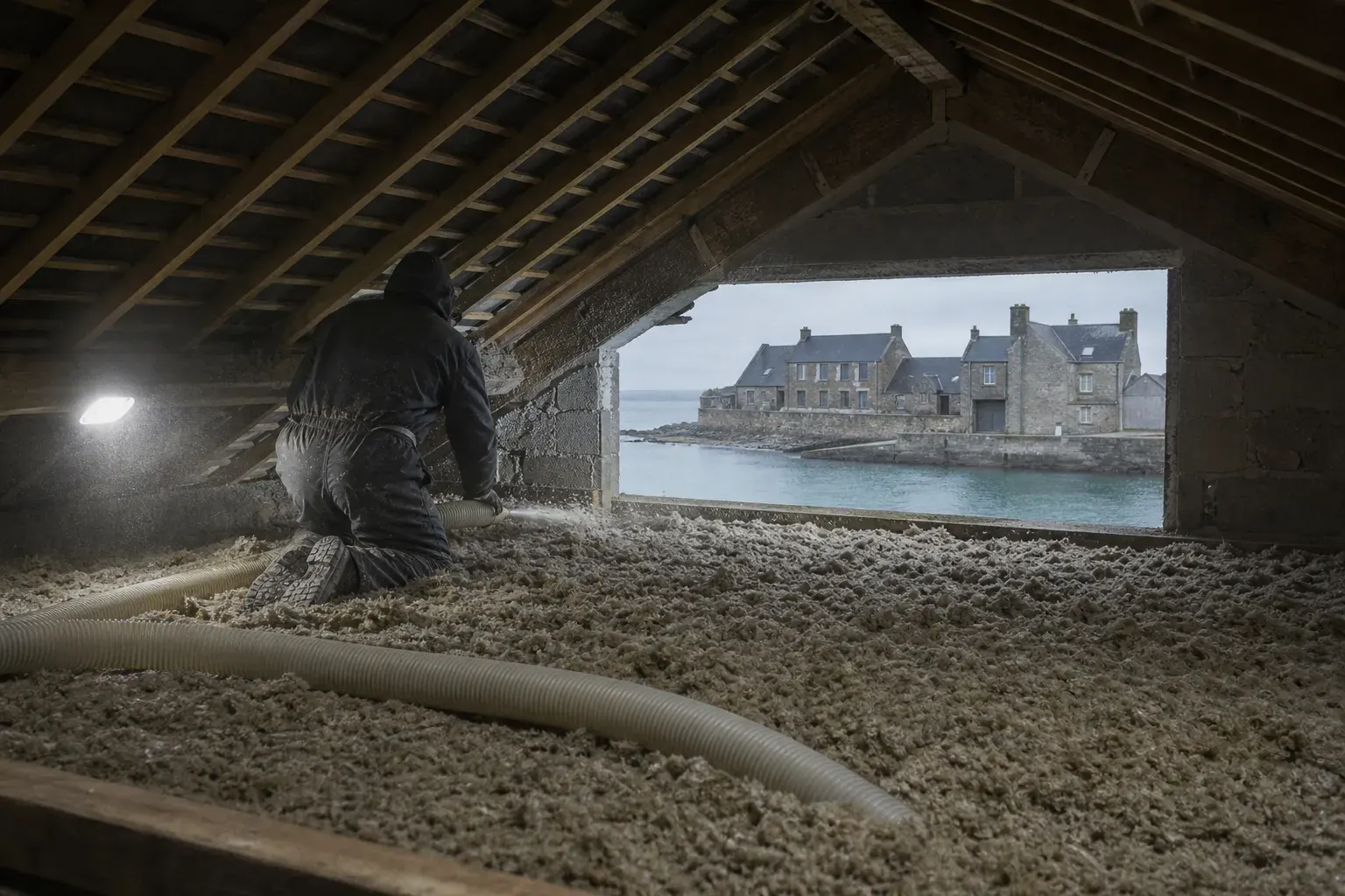 Combles perdus isolés par soufflage, couche régulière de laine minérale sur les solives et tuyau de soufflage