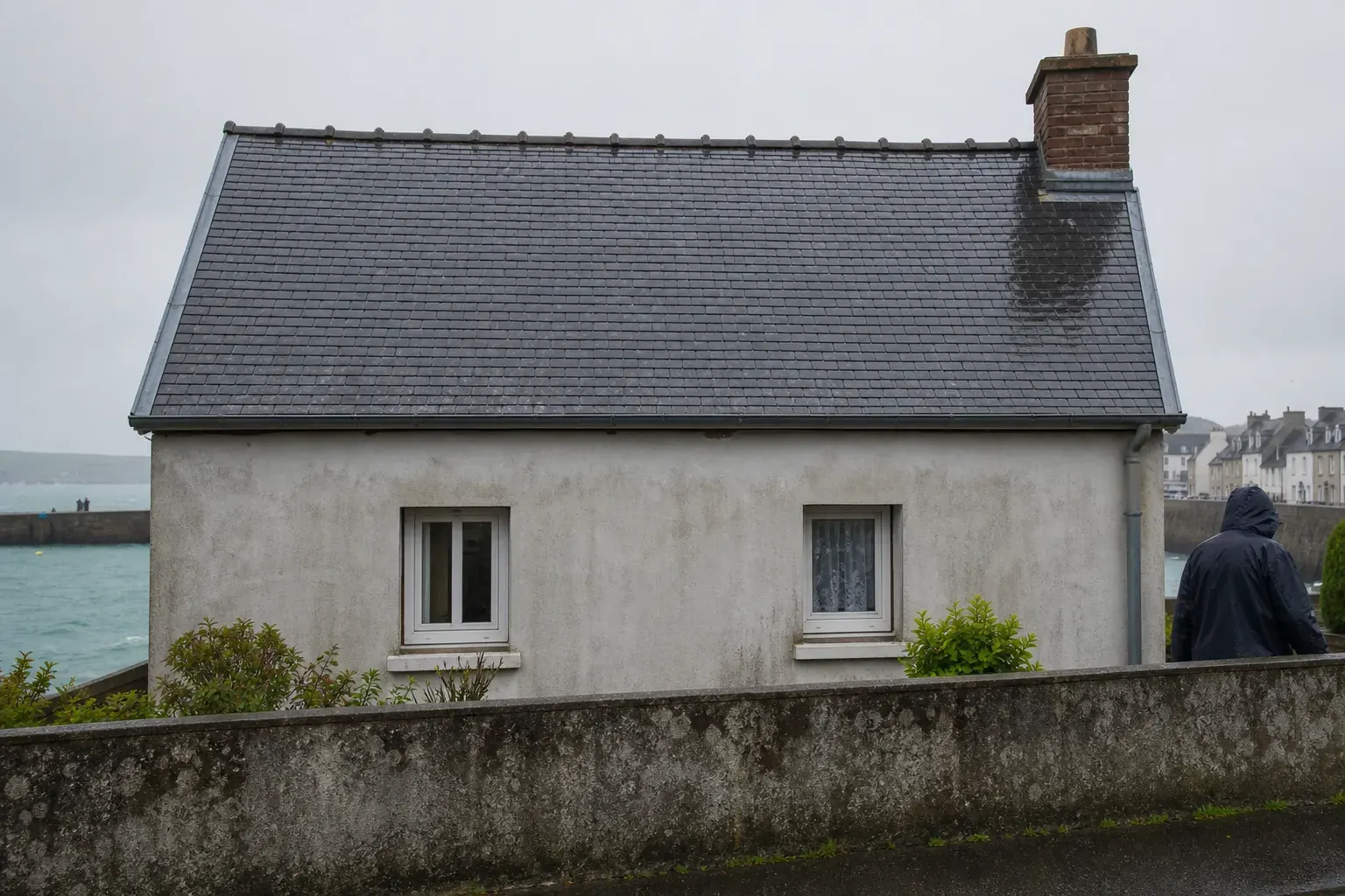 Toiture en ardoise d’une maison de la Reconstruction lorientaise, faîtage à sec et bande de rive en zinc
