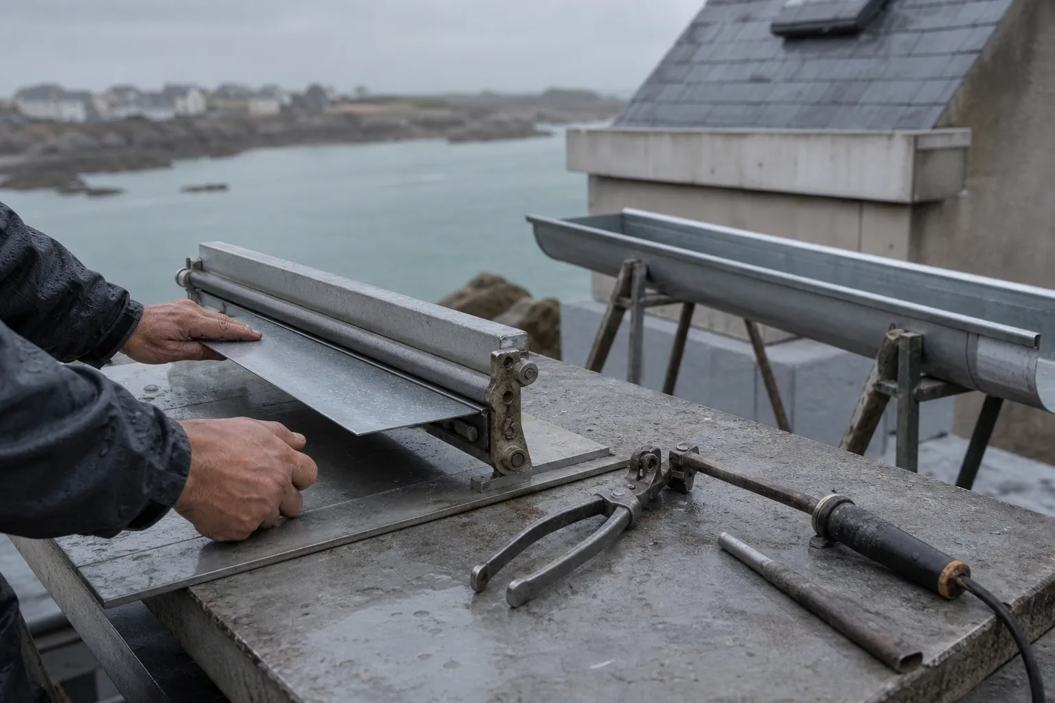 Feuille de zinc pliée à la plieuse manuelle sur un chantier, pinces à agrafer et fer à souder posés à côté