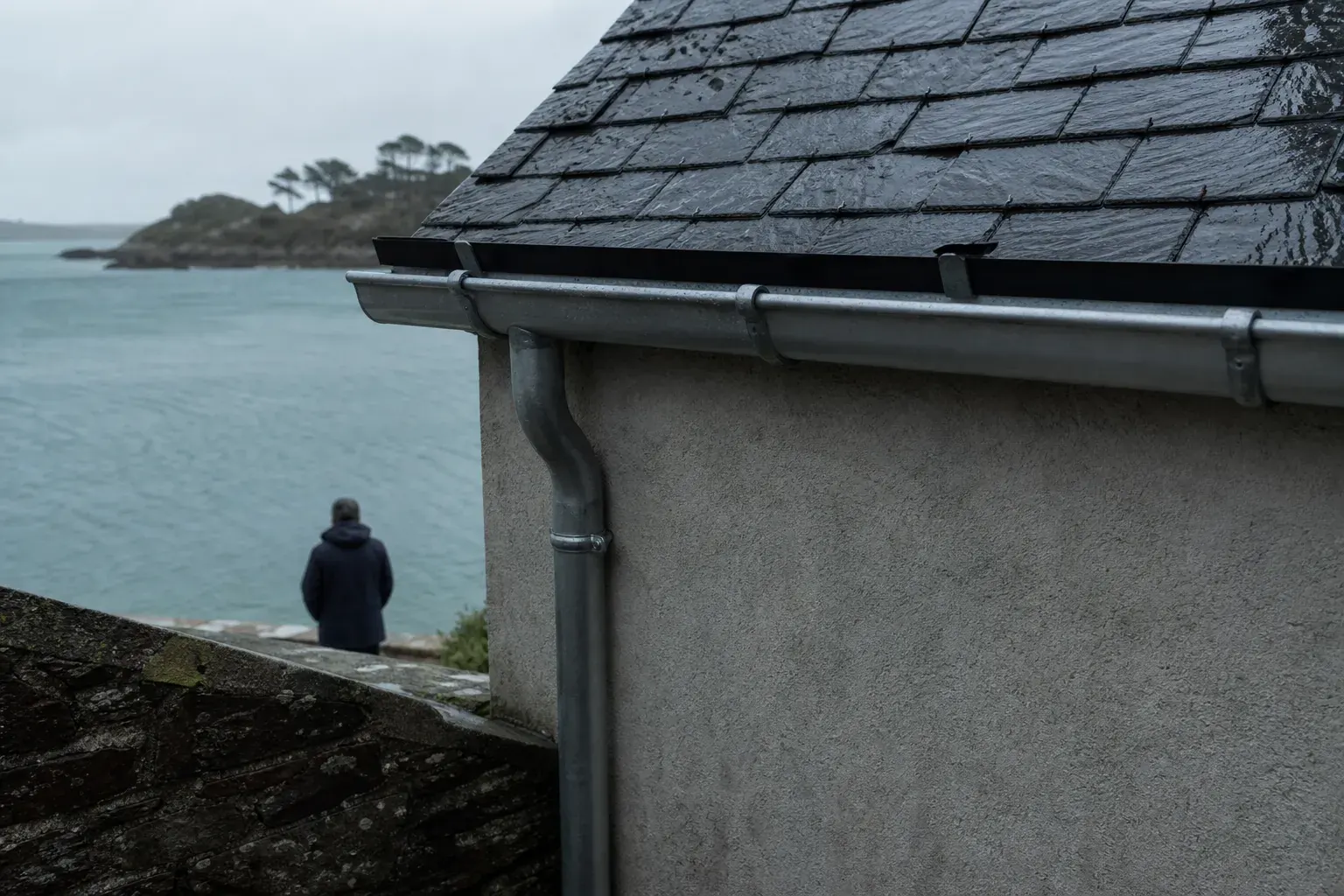 Gouttière en zinc neuve posée en bas de pente, crochets et joint visibles, descente le long du mur